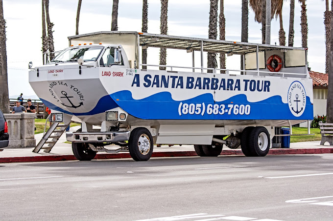 Santa Barbara, Land & Sea Tours Land Shark vehicle at East Beach and Stearns Wharf in the city of Santa Barbara in southern California