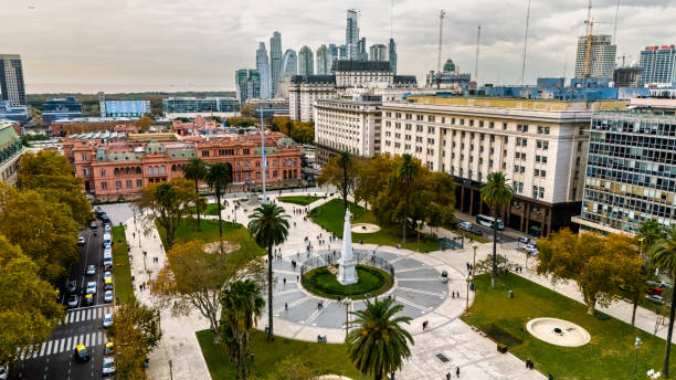 Aerial view of the Plaza de Mayo with the Casa Rosada in the background in Buenos Aires, Argentina